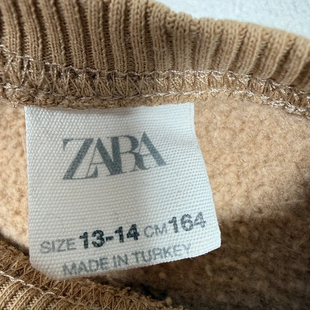 Zara Girl Tan Bow Sweatshirt Puffed Shoulder Fleece Pullover Camel Brown Size 14